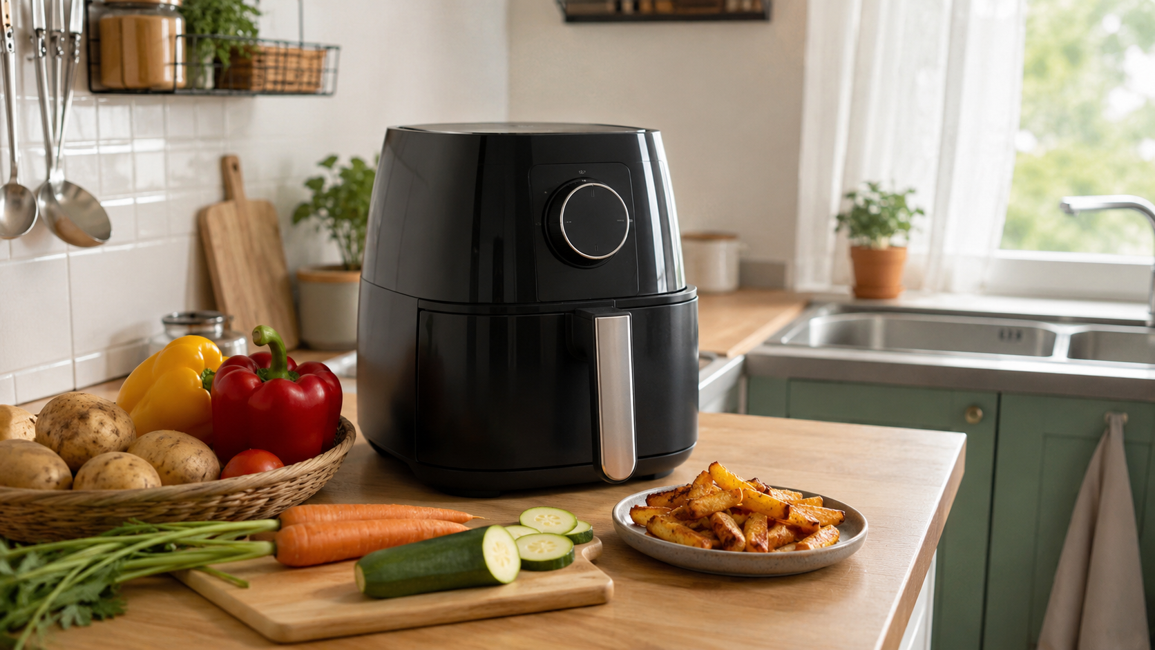 Air fryer egy kis konyhapulton, mellette friss zöldségek és egy adag kész sült étel, vásárlási döntés előtt álló háztartások számára.