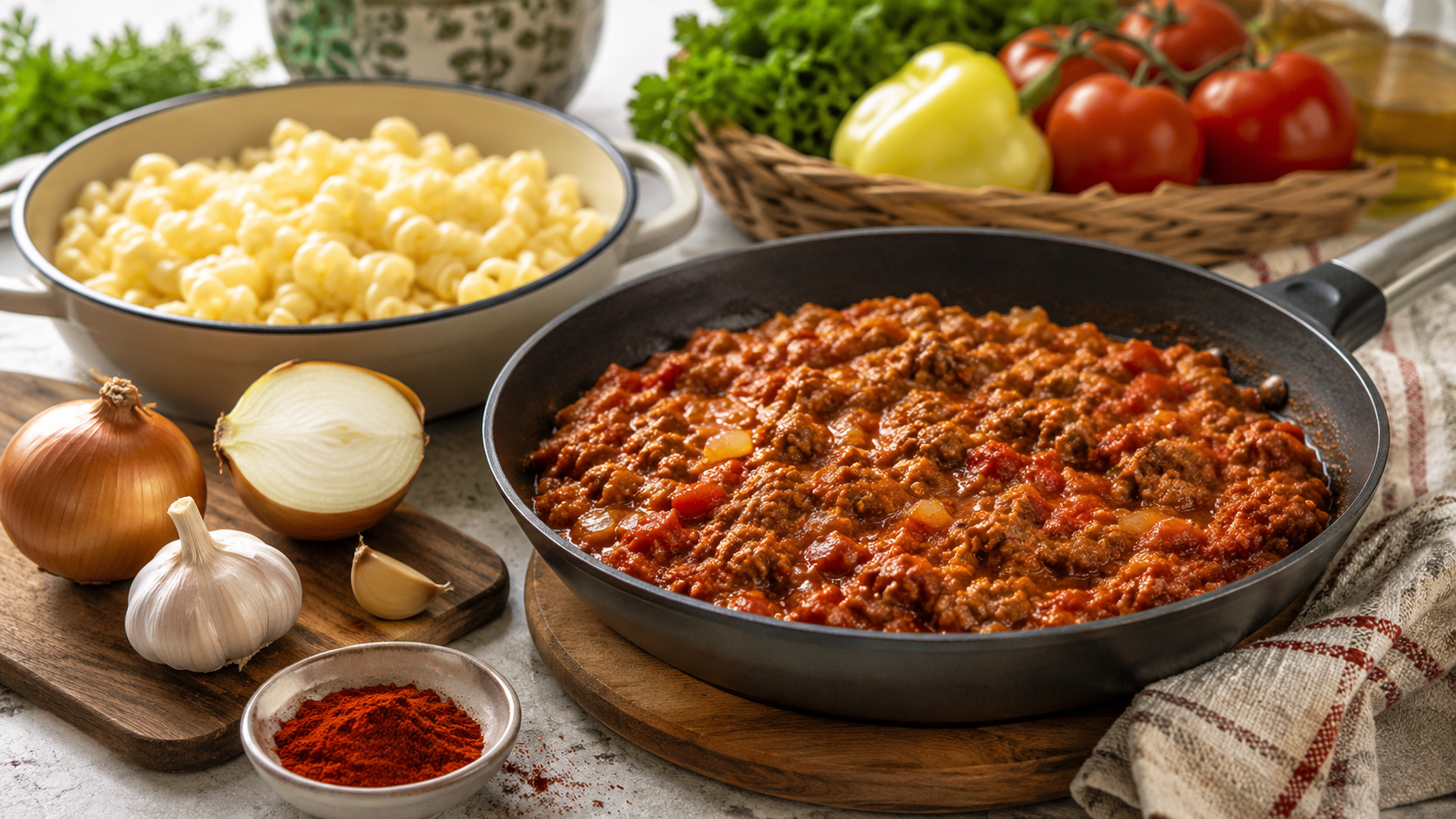 Darált húsos paradicsomos ragu serpenyőben, mellette főtt tészta, hagyma és egyszerű konyhai alapanyagok.