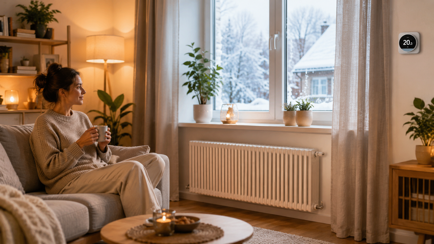 Hangulatos nappali radiátorral, vastag függönnyel és termosztáttal, amely az energiatakarékos otthoni fűtést szemlélteti.