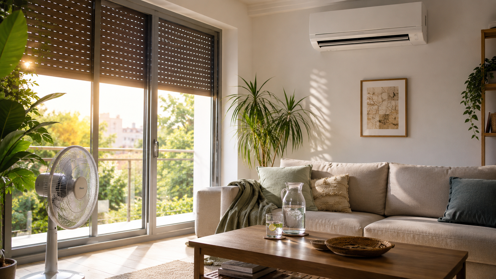 Világos nappali nyári délutánon, falra szerelt légkondicionálóval, részben lehúzott redőnnyel és ventilátorral, takarékos hűtést sugalló otthoni környezetben.