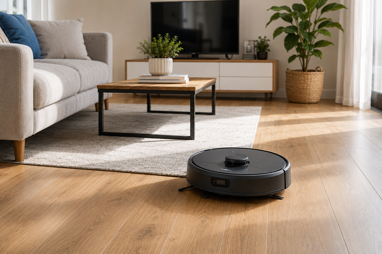 Robotporszívó dolgozik egy rendezett, világos nappaliban, kanapé és dohányzóasztal mellett.