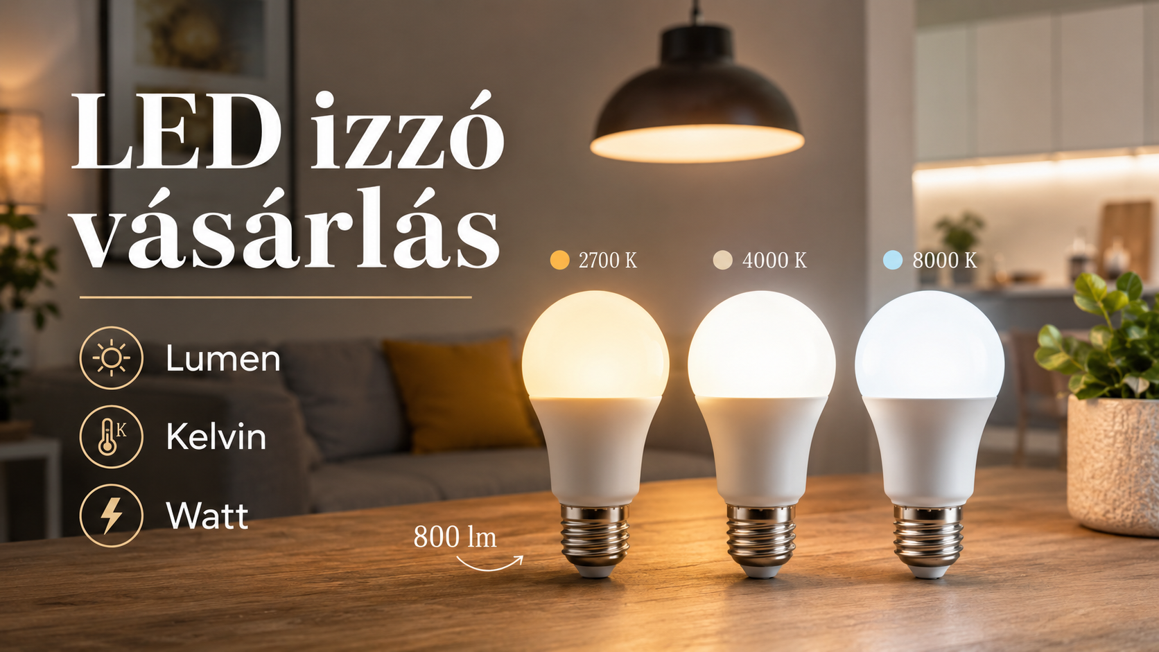 LED izzók különböző fényerővel és színhőmérséklettel egy asztalon, a háttérben otthoni lámpával.