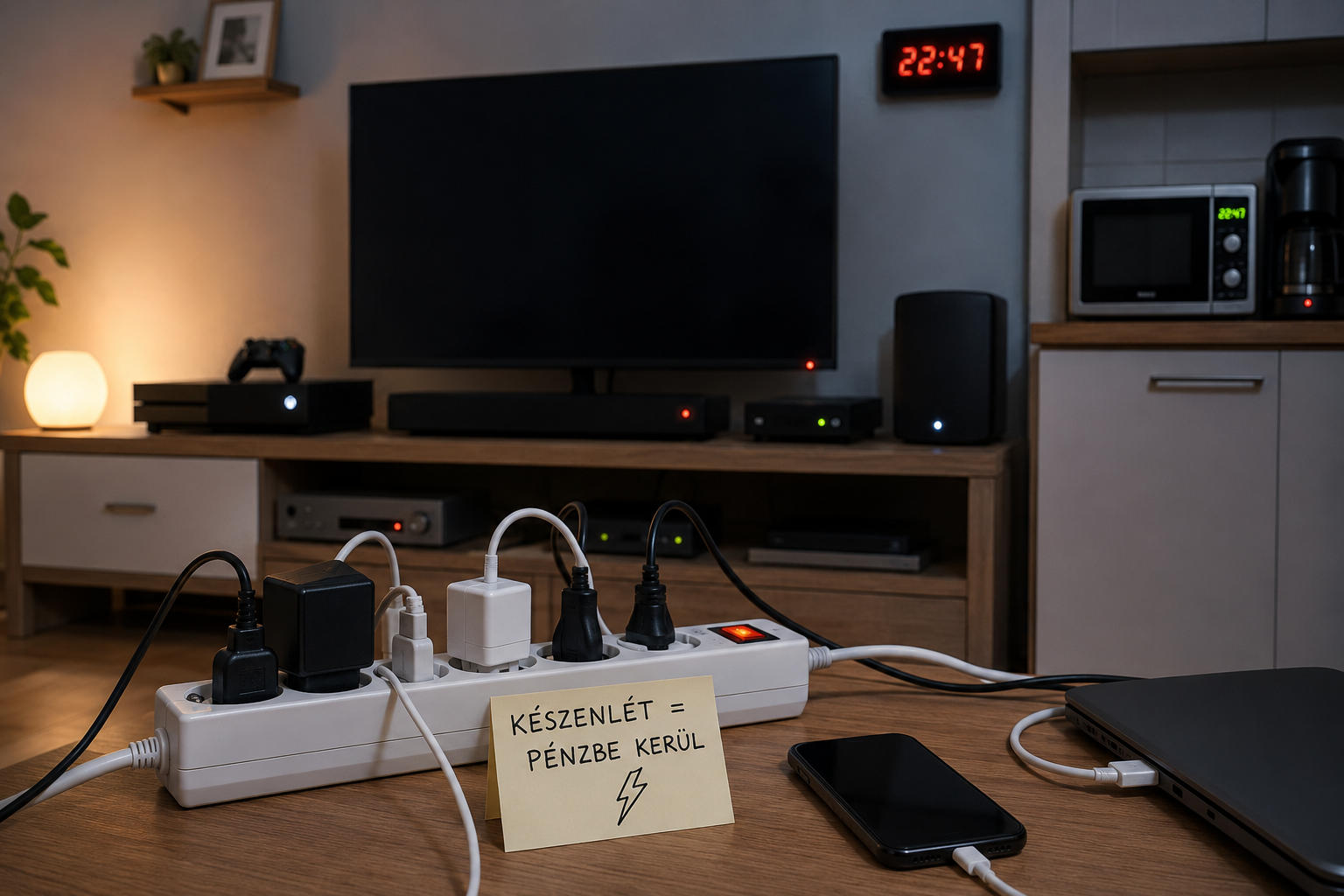 Nappali hosszabbítóval, televízióval, töltőkkel és készenléti állapotban lévő háztartási eszközökkel.