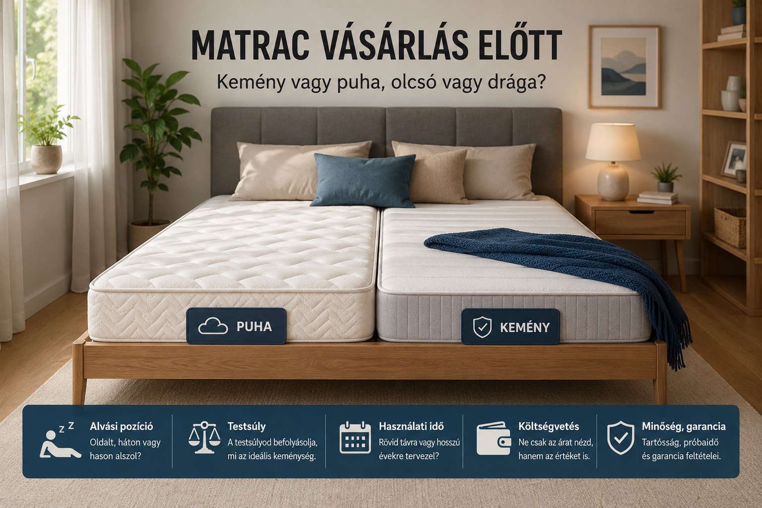 Egy világos hálószobában álló franciaágy matraccal, mellette ágynemű és párnák, matracvásárlási döntés témájához.
