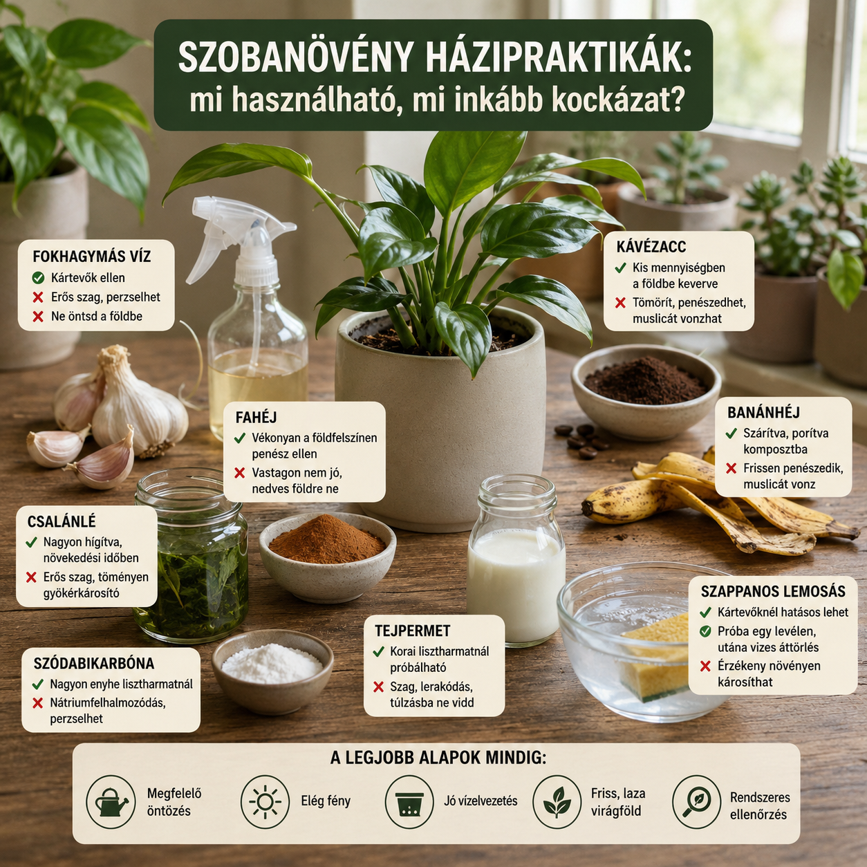 Szobanövény házi növényápolási szerekkel, fahéjjal, fokhagymával, kávézaccal, banánhéjjal, tejpermettel és szappanos lemosással, a biztonságos használat és a kockázatok jelölésével.