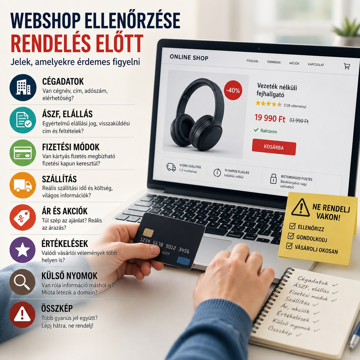 Webshop ellenőrzése rendelés előtt: laptopon megnyitott online áruház, bankkártya és lista a cégadatok, fizetés, szállítás és értékelések átnézéséhez.